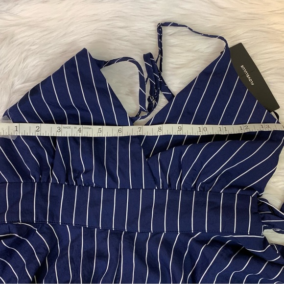 NWT Lulus Ruffle and Flow Navy Striped Shorts Backless Romper - Picture 5 of 11